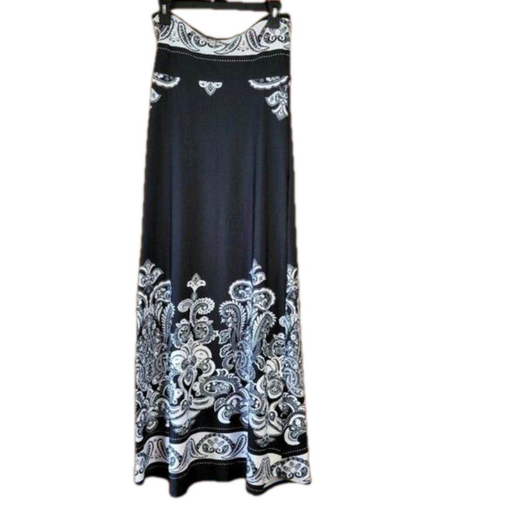 Venus Maxi Skirt B/W Paisley Small Fold over Waist BOHO Chic Y2K Fairy Festival